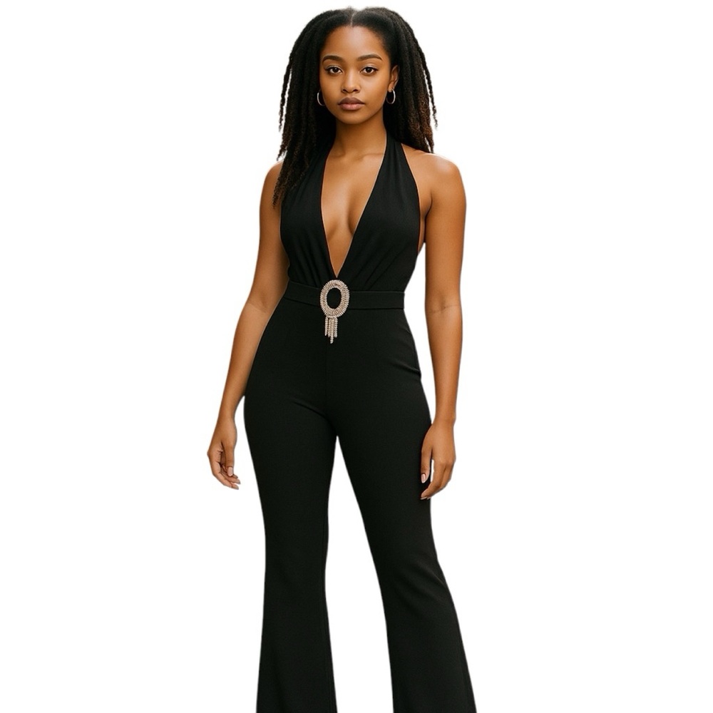 Revolve Misha Size 2 Flare Leg Black Halter Jumpsuit with Embellished Buckle